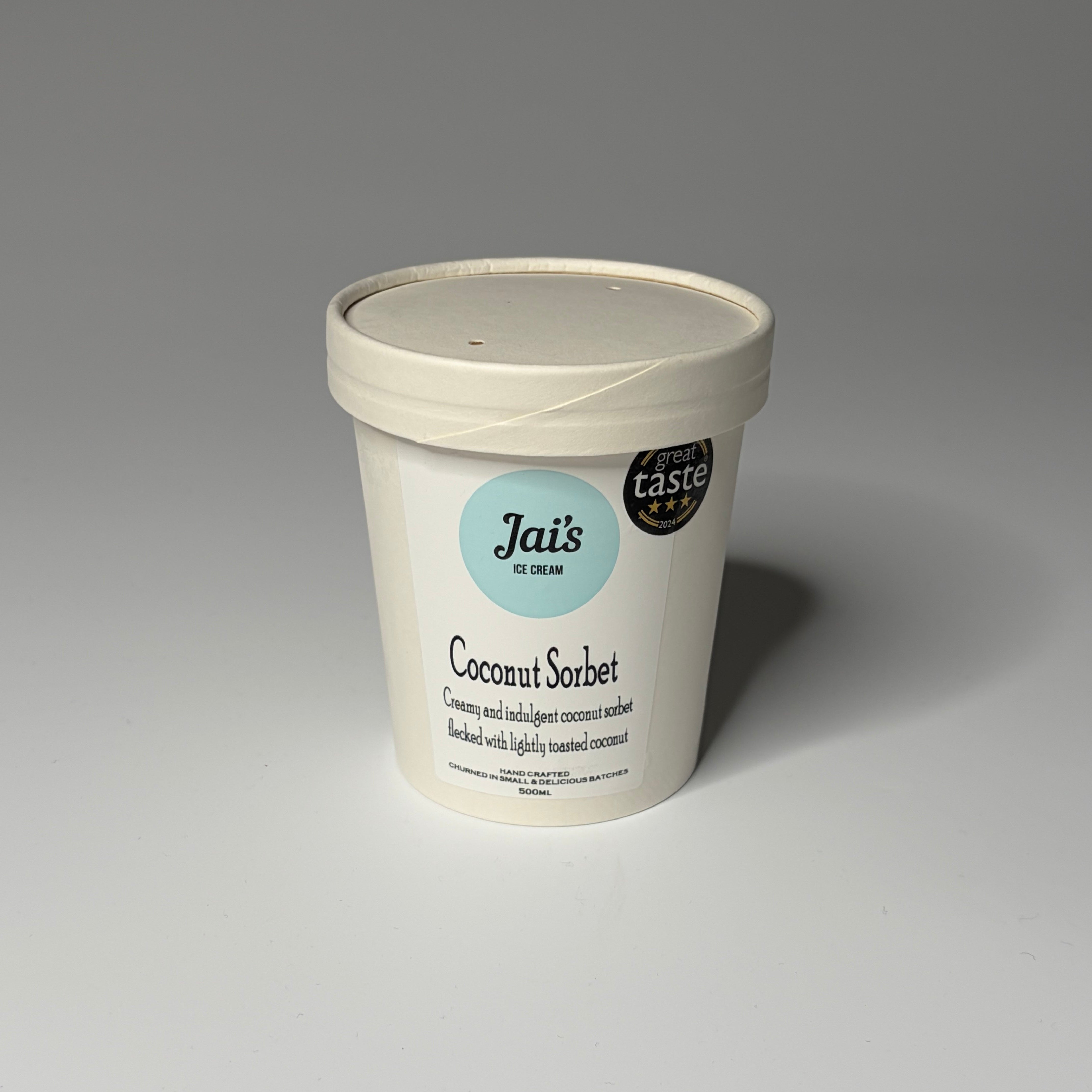 Regular (500ml) Coconut Sorbet from Jai's Ice Cream, photographed on a neutral background — ideal for dessert lovers in North London.