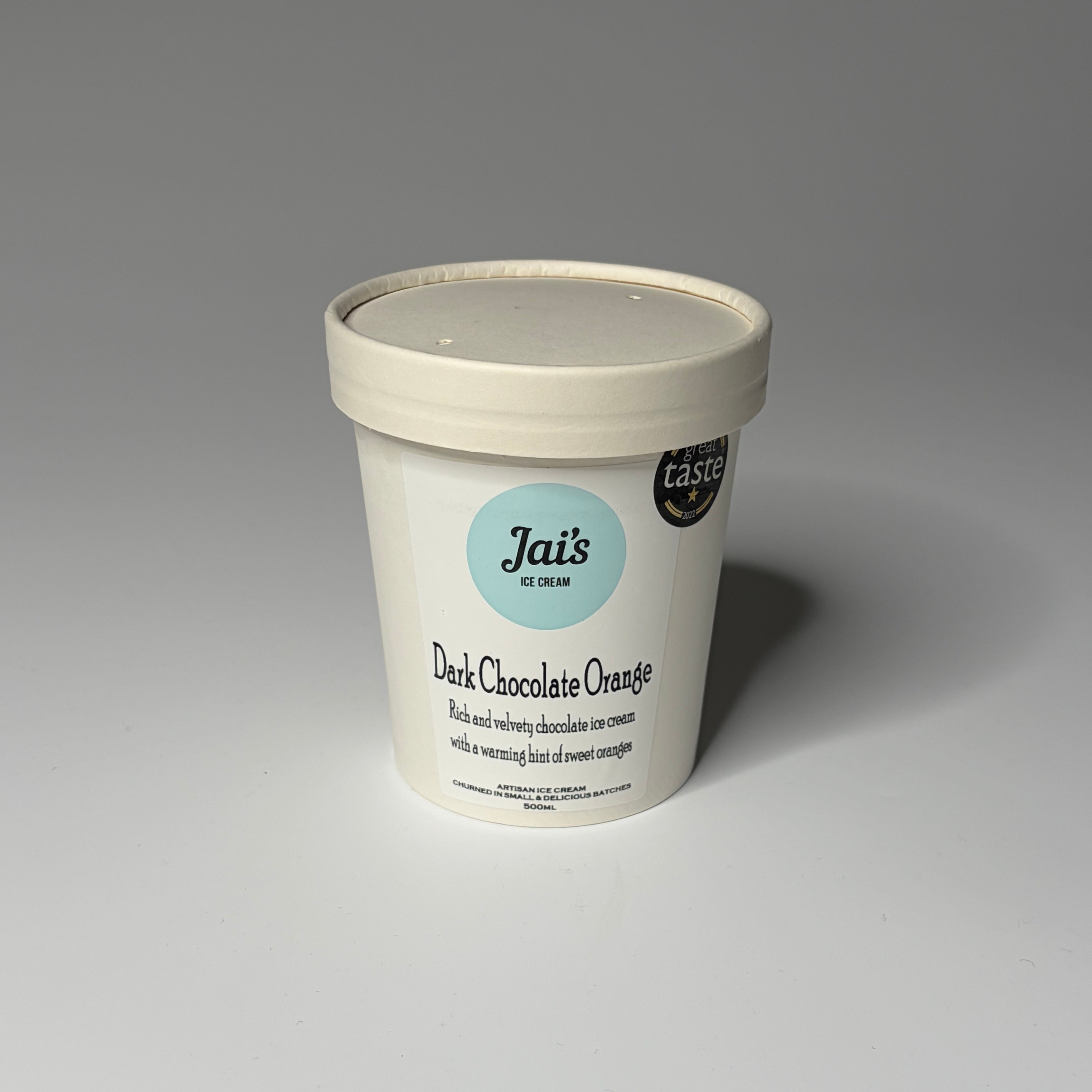 Regular (500ml) Dark Chocolate Orange Ice Cream from Jai's Ice Cream, photographed on a neutral background — ideal for dessert lovers in North London.