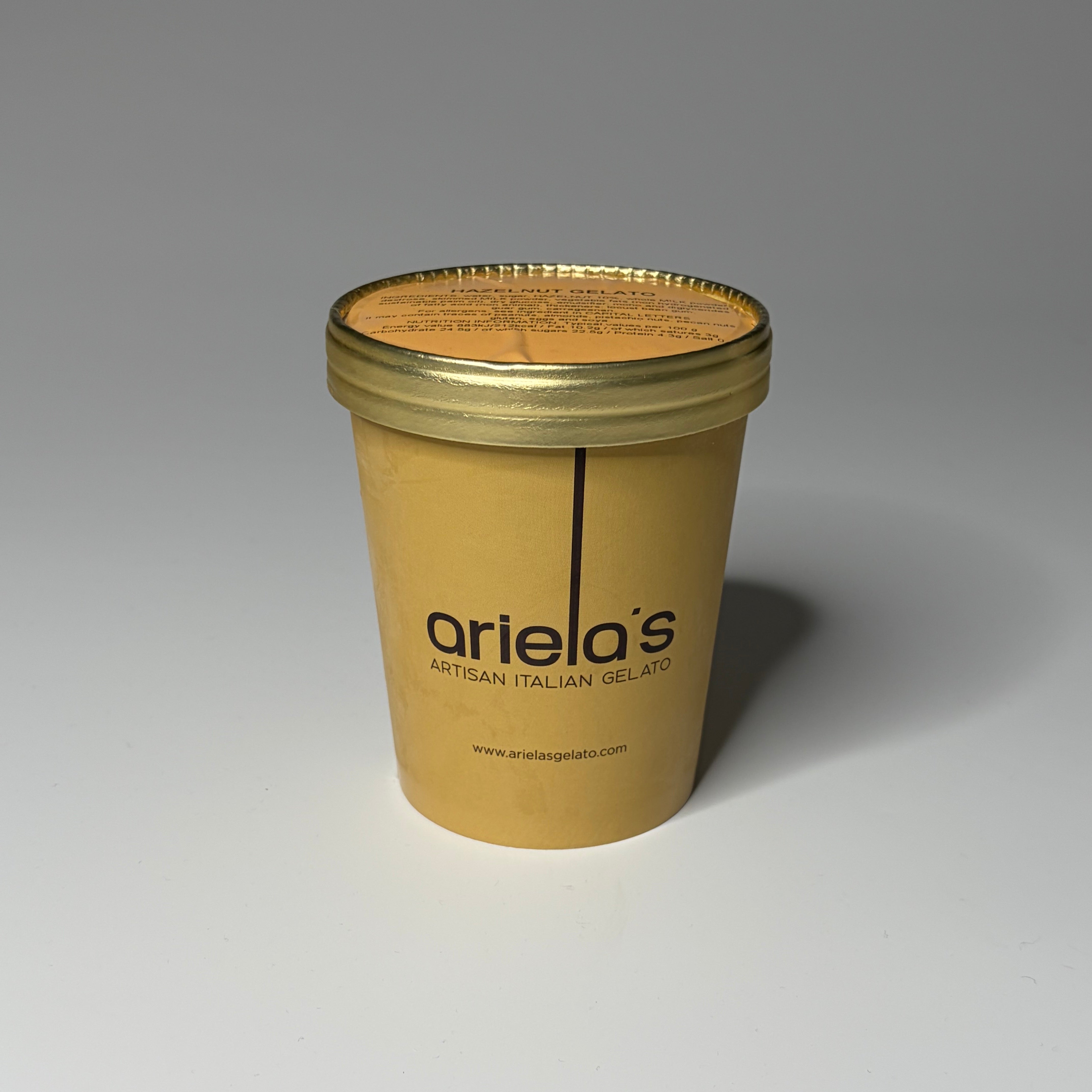 Regular (500ml) Hazelnut Gelato from Ariela’s Gelato, photographed on a neutral background — ideal for dessert lovers in North London.