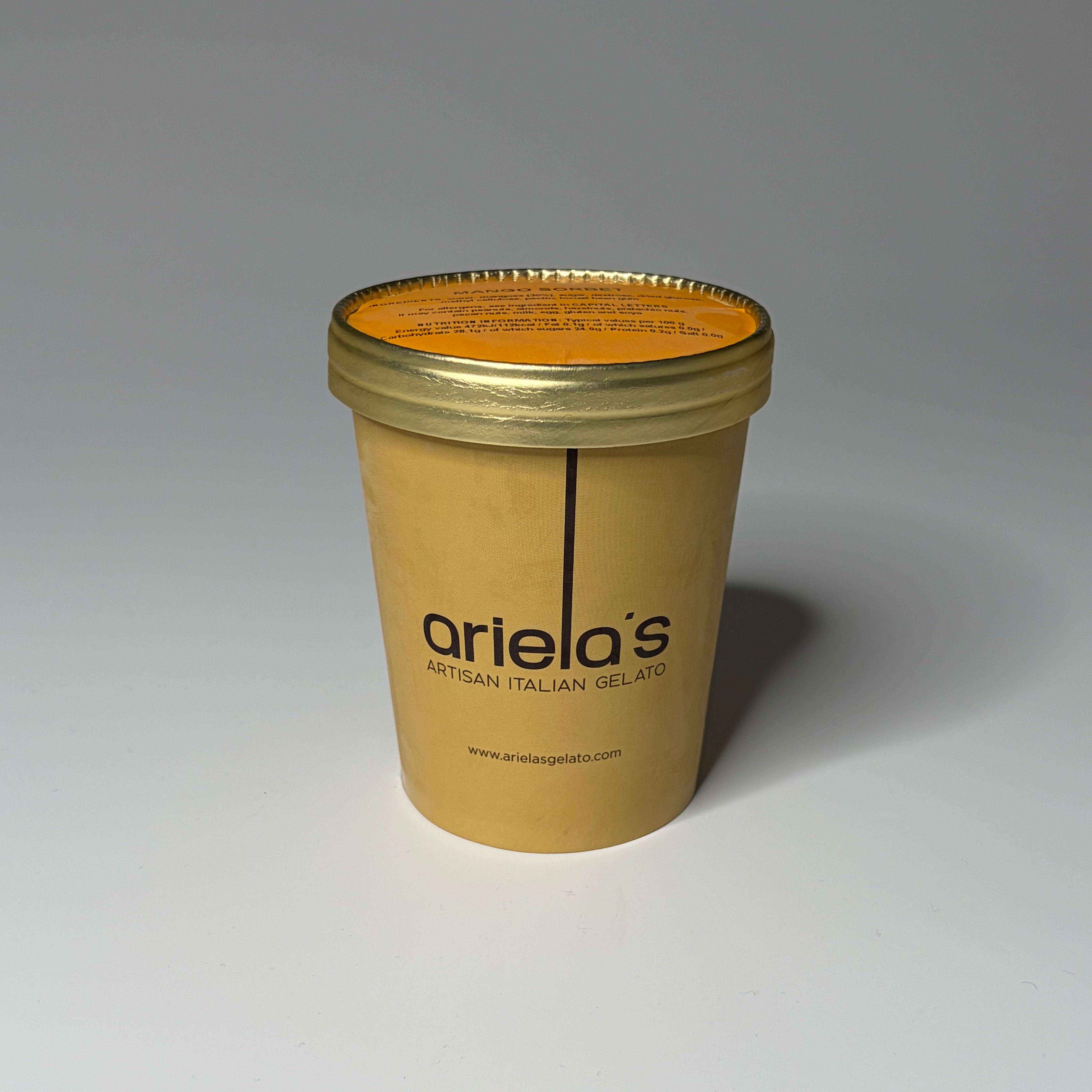 Regular (500ml) Mango Sorbet from Ariela’s Gelato, photographed on a neutral background — ideal for dessert lovers in North London.