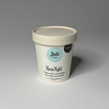Regular (500ml) Movie Night Ice Cream (vanilla ice cream with freshly baked cookies and Belgian chocolate shards) from Jai’s Ice Cream, photographed on a neutral background — ideal for dessert lovers in North London.