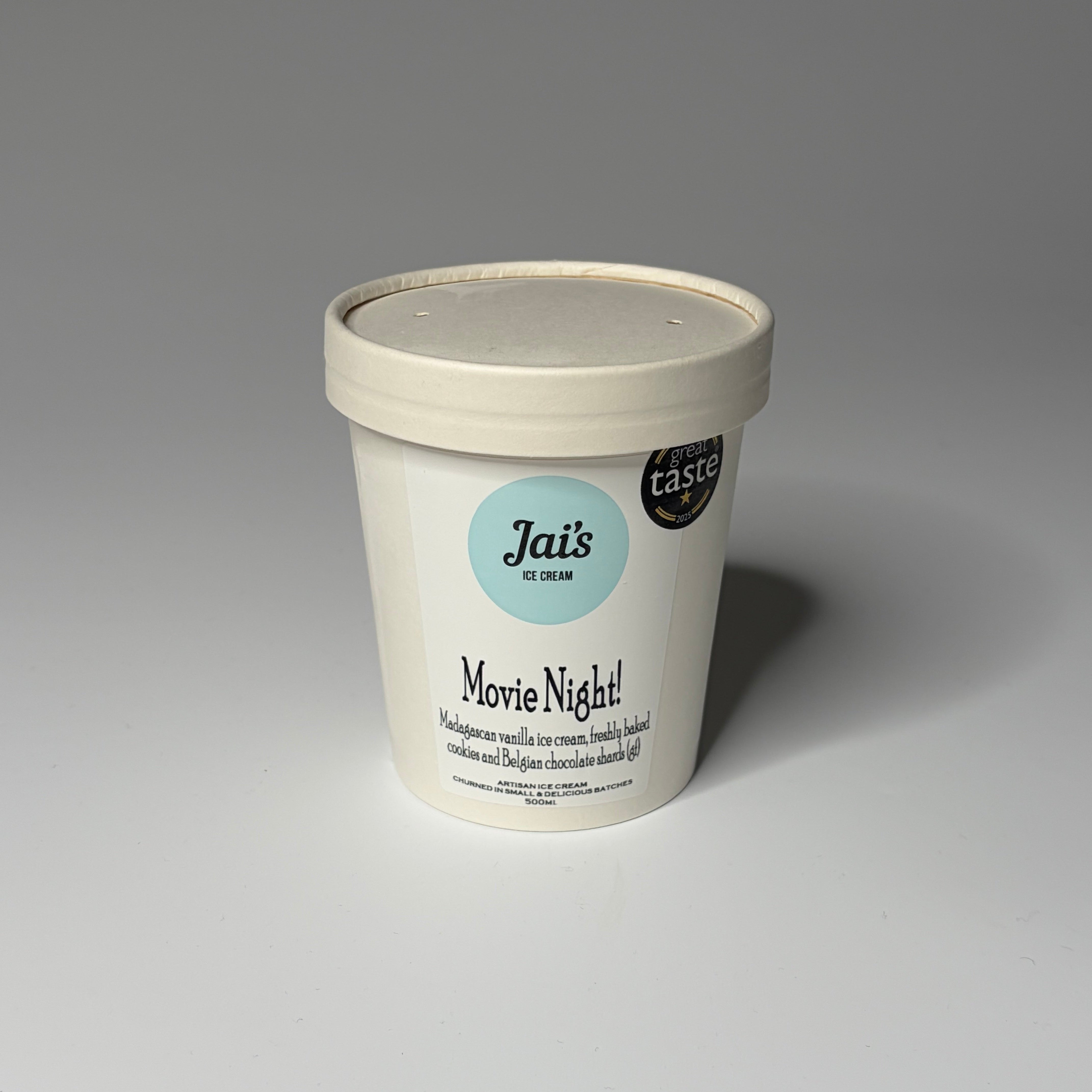 Regular (500ml) Movie Night Ice Cream (vanilla ice cream with freshly baked cookies and Belgian chocolate shards) from Jai’s Ice Cream, photographed on a neutral background — ideal for dessert lovers in North London.