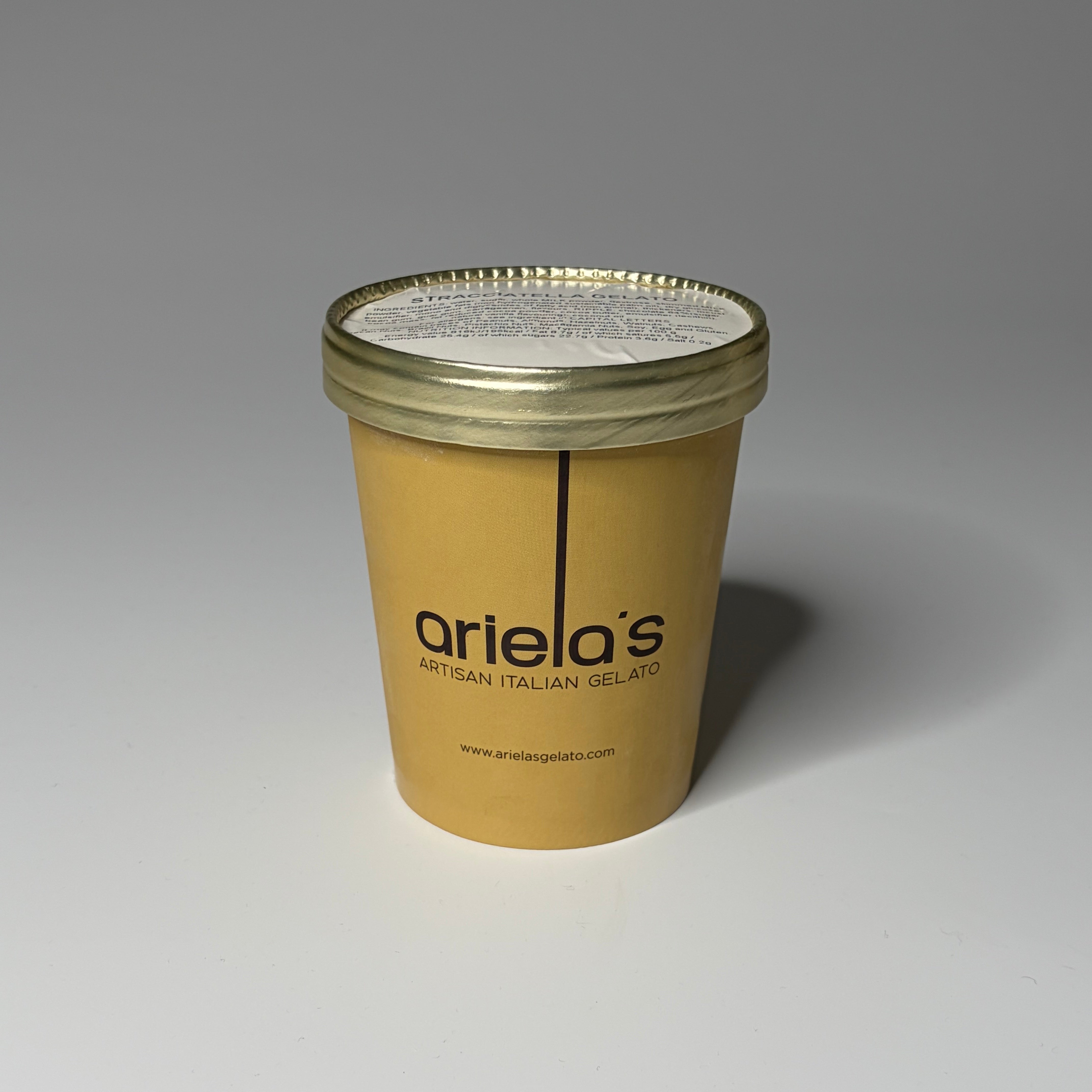 Regular (500ml) Stracciatella Gelato from Ariela's Gelato, photographed on a neutral background — ideal for dessert lovers in North London.
