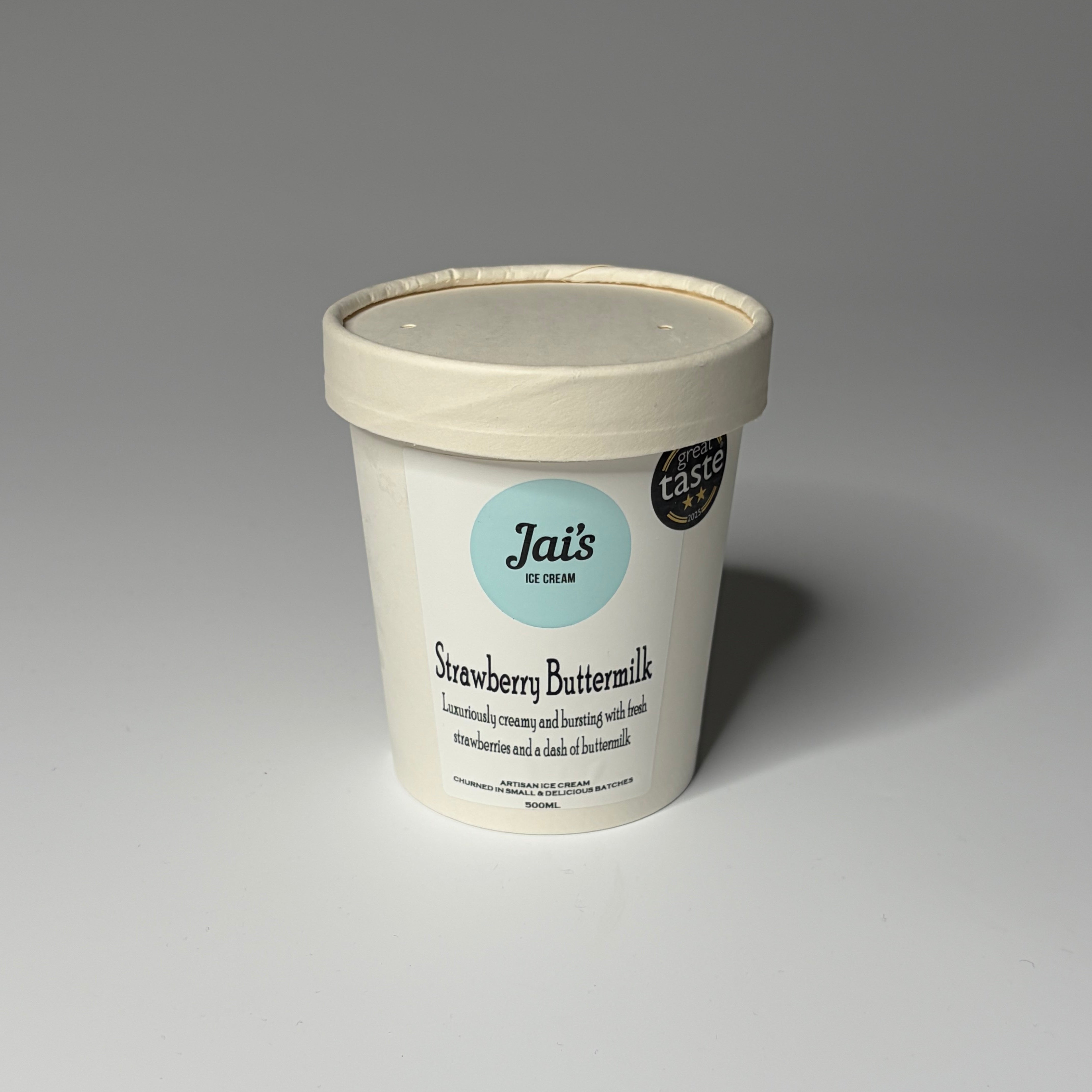 Regular (500ml) Strawberry Buttermilk Ice Cream from Jai's Ice Cream, photographed on a neutral background — ideal for dessert lovers in North London.