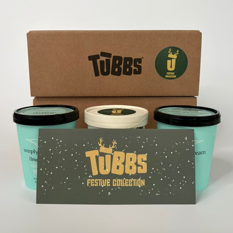 Regular (500ml) Christmas Pudding, Dark Chocolate Orange and Gingerbread Ice Creams from Tubbs' Festive Collection, photographed on a neutral background — ideal for dessert lovers in North London.